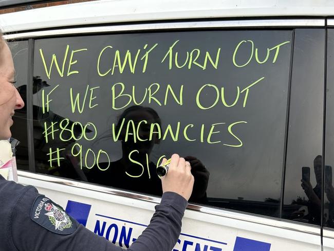 Policing vehicles bare slogans after union members voted for protected industrial action. Picture: Supplied / The Police Association of Victoria.