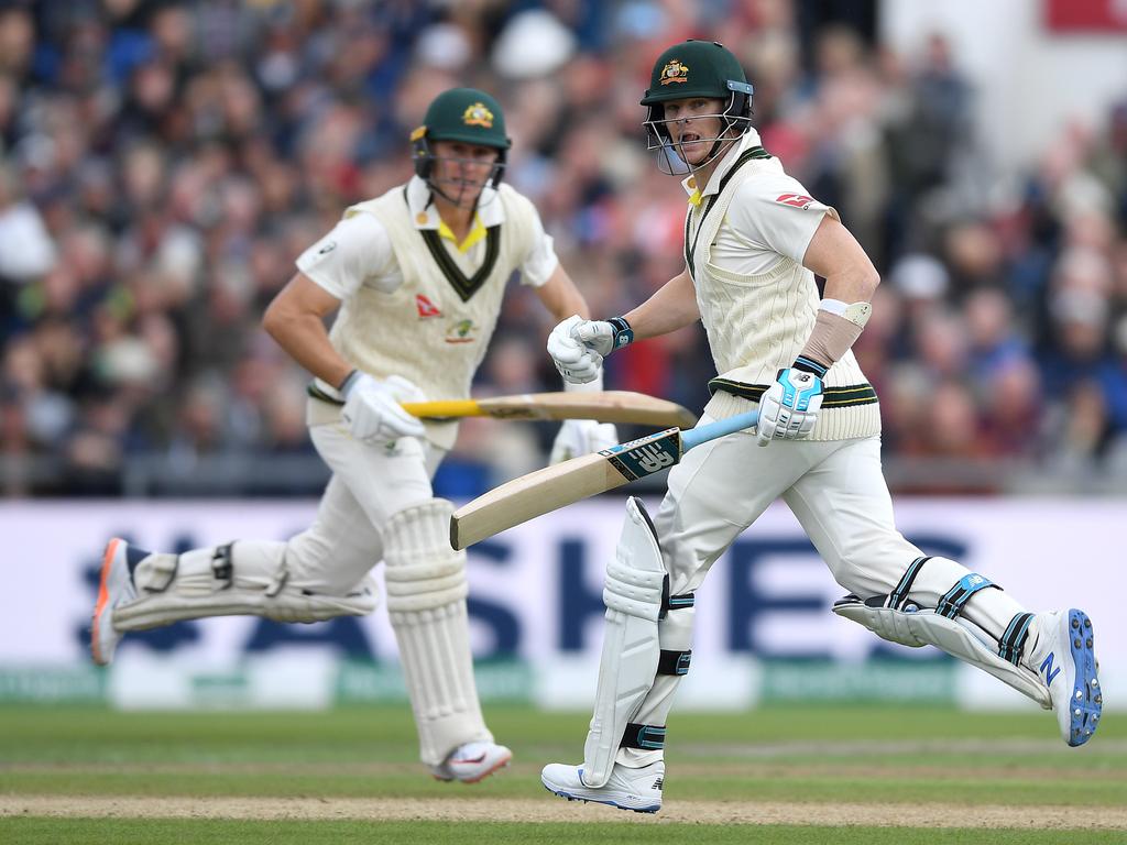 Steve Smith and Marnus Labuschagne pick up a run during the first Test of the 2019 Ashes series. Both names have been suggested as options for a leadership team. Picture: Gareth Copley/Getty Images