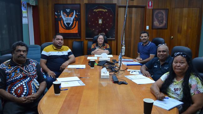 CREATING CHANGE: Councillors Fred Cobbo and Tom Langton with new mayor Elvie Sandow, CEO Zala Chatur and councillors Leighton Costello and Bronwyn Douglas in the council chambers at the Cherbourg Aboriginal Shire Council building. Photo: Michael Monk