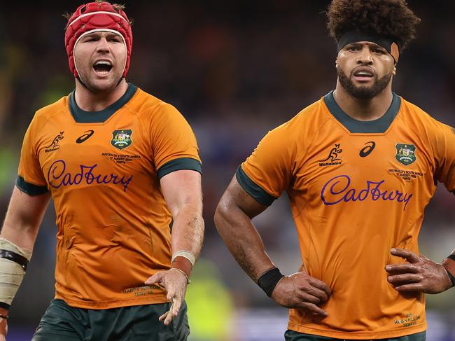 PERTH, AUSTRALIA - AUGUST 17: Harry Wilson and Rob Valetini of the Wallabies look on during The Rugby Championship match between Australia Wallabies and South Africa Springboks at Optus Stadium on August 17, 2024 in Perth, Australia. (Photo by Paul Kane/Getty Images)