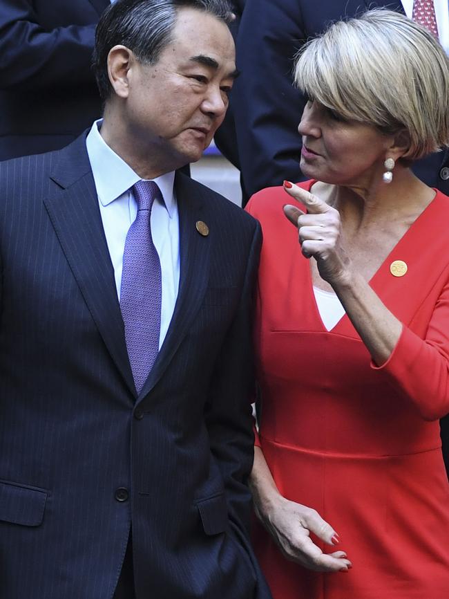 Chinese Foreign Affairs Minister Wang Yi with Julie Bishop at the G20 foreign ministers’ meeting. Picture: AFP.