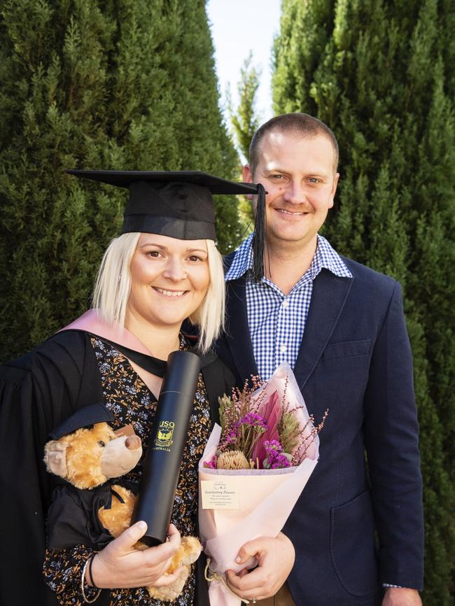 Bachelor of Education graduate Christine Taylor and husband Jaime Taylor travelled from their home in Tasmania for the UniSQ graduation ceremony at Empire Theatres, Tuesday, June 27, 2023. Picture: Kevin Farmer