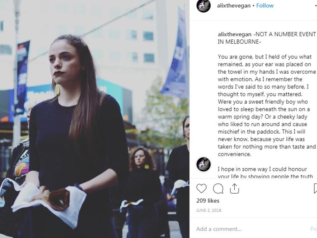 Alix marched through the streets carrying a severed cow’s ear and documented her protest on Instagram.