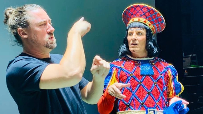 Auslan interpreter Mikey Webb with Todd McKenney for the stage show Shrek. Picture: Facebook/Auslan Stage Left.