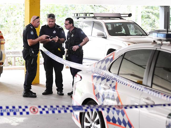 Police establish a crime scene in the car park under Super Cheap Auto after a man was stabbed in Nambour. Picture: Patrick Woods.