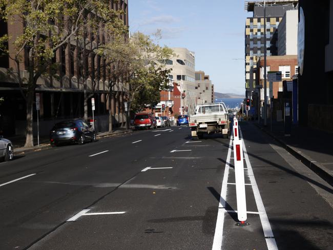 Campbell Street at the corner of Melville Street.  New bike lane installed in Campbell Street reducing the traffic lanes from three to two.  Picture: Nikki Davis-Jones