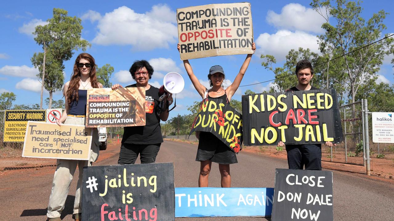 Protestors outside the new Darwin Youth Detention Facility. Picture: (A)manda Parkinson