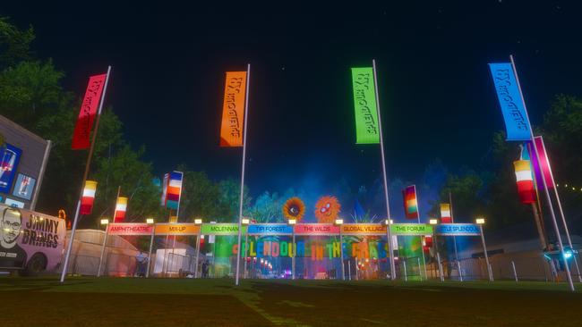 The entrance to Splendour XR’s virtual music festival, with coloured teleporters to each area. Picture: supplied