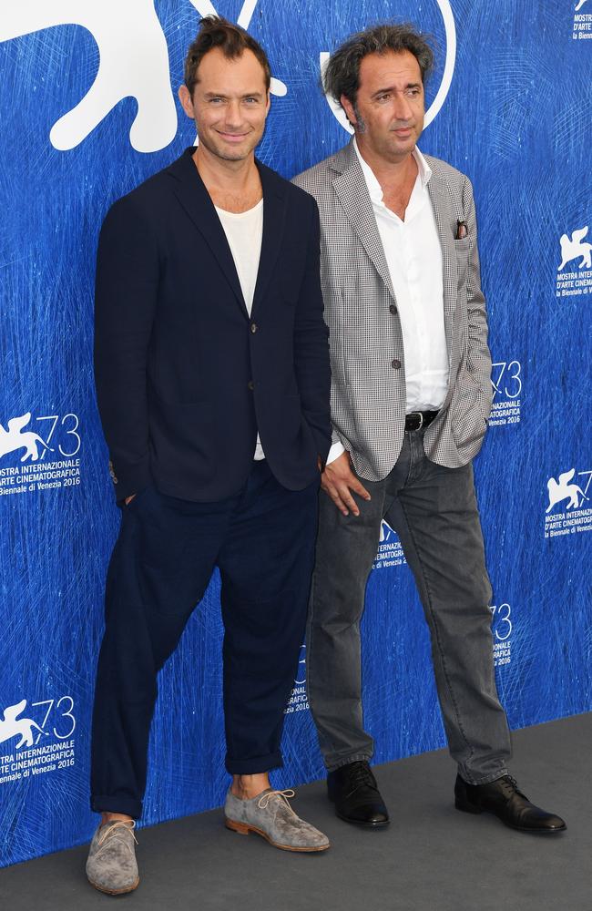Actor Jude Law and director Paolo Sorrentino attend the photocall of ‘The Young Pope’ during the 73rd Venice Film Festival at on September 3, 2016 in Venice, Italy. Picture: Getty