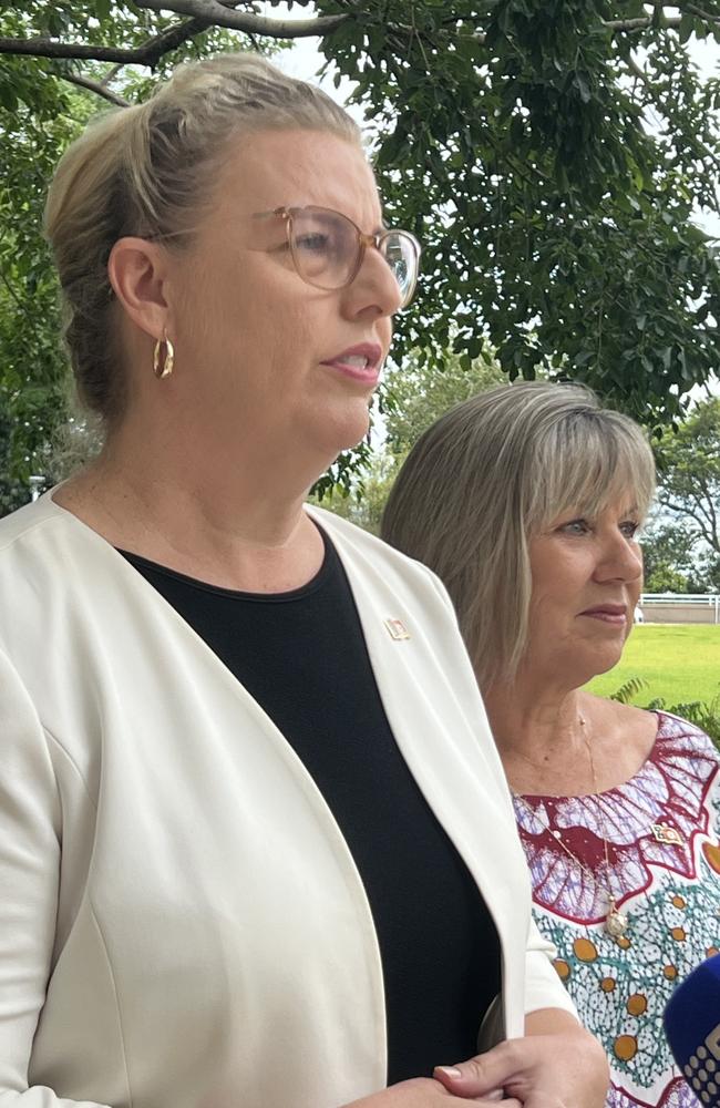 NT Attorney-General Marie-Clare Boothby (left) with Member for Katherine Jo Hersey (right) front the media in Darwin.Picture: Harry Brill.