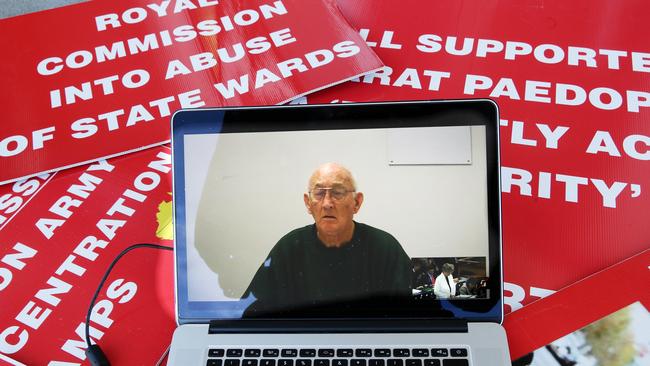 Gerald Ridsdale appears on video link from Aarat Prison for the Royal Commission Into Child Abuse in Ballarat in 2015. Picture Norm Oorloff