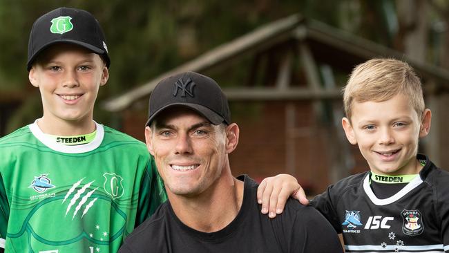 Portraits of sacked Cronulla Sharks coach John Morris and his family enjoying a 'normal family' Saturday morning of kids sport in Woolooware on 17th April 2021.Pictured with him are his league playing kids Cruz who plays U11's for Gymea Gorillas (green shirt) and Taj who plays Under 9's for Cronulla Carringbah (dark top).(Pictures by Julian Andrews).