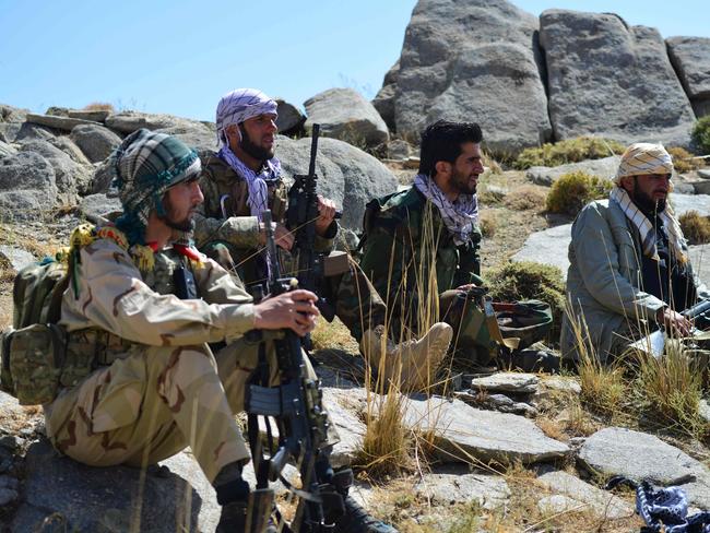 Afghan resistance movement on a hilltop in Panjshir. The anti-Taliban forces are led by Ahmad Massoud, son of the famed Mujahideen leader Ahmed Shah Massoud. Picture: AFP