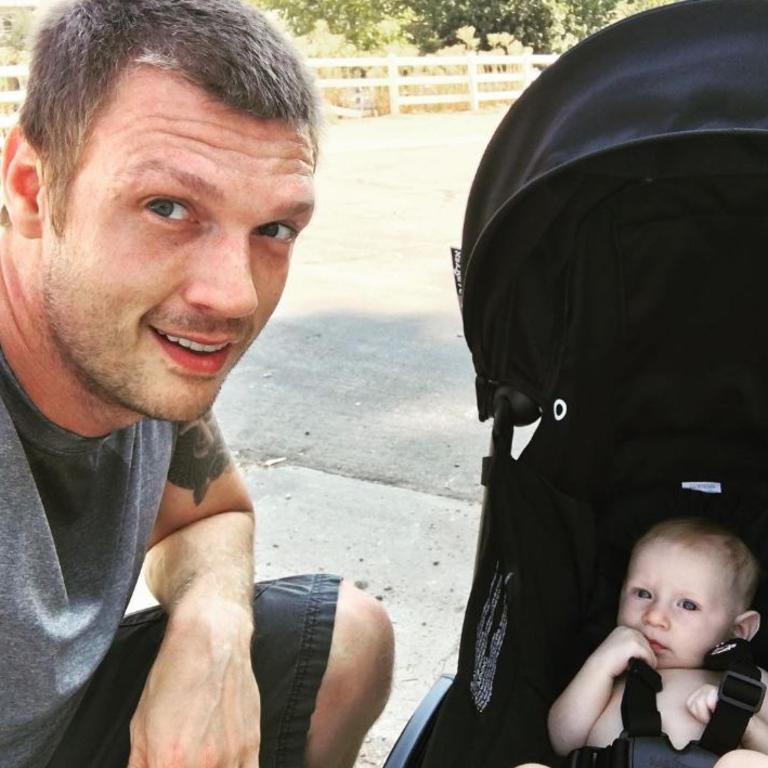 Nick Carter with his son Odin, "Trying to get back into bo yband shape with my little buddy for our next Backstreet Boys album and tour. Pushing a stroller is crazy cardio lol." Picture: Instagram