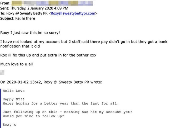 Jacenko showed news.com.au emails inquiring about the overdue payment. Picture: Supplied