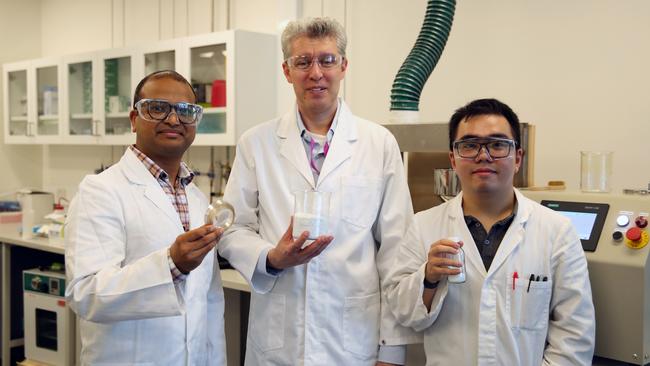 Dr Vipul Agarwal, Professor Per Zetterlund and Dr Mike Dinh from UNSW’s School of Chemical Engineering. Picture: Minna Sophia Manu