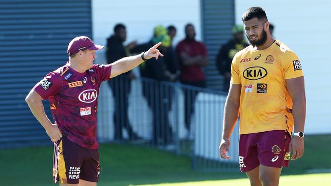 Coach Kevin Walters and Payne Haas. Picture: Liam Kidston