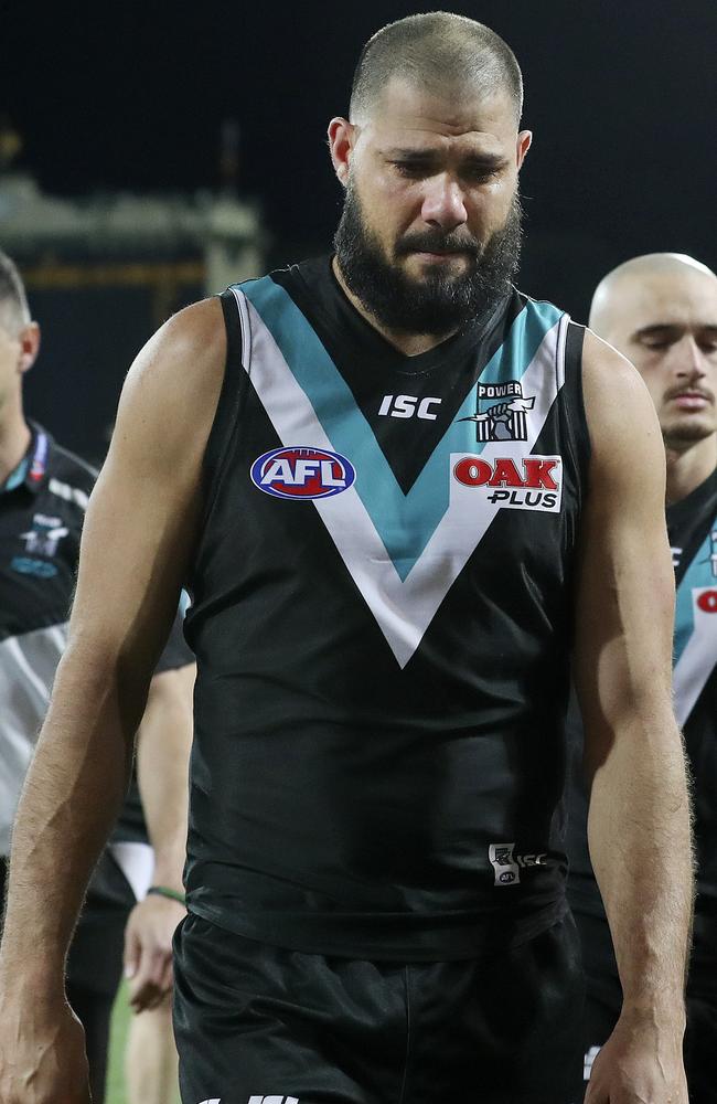 Port Adelaide’s Paddy Ryder walks off after the loss to Essendon on Friday night. Picture: Sarah Reed