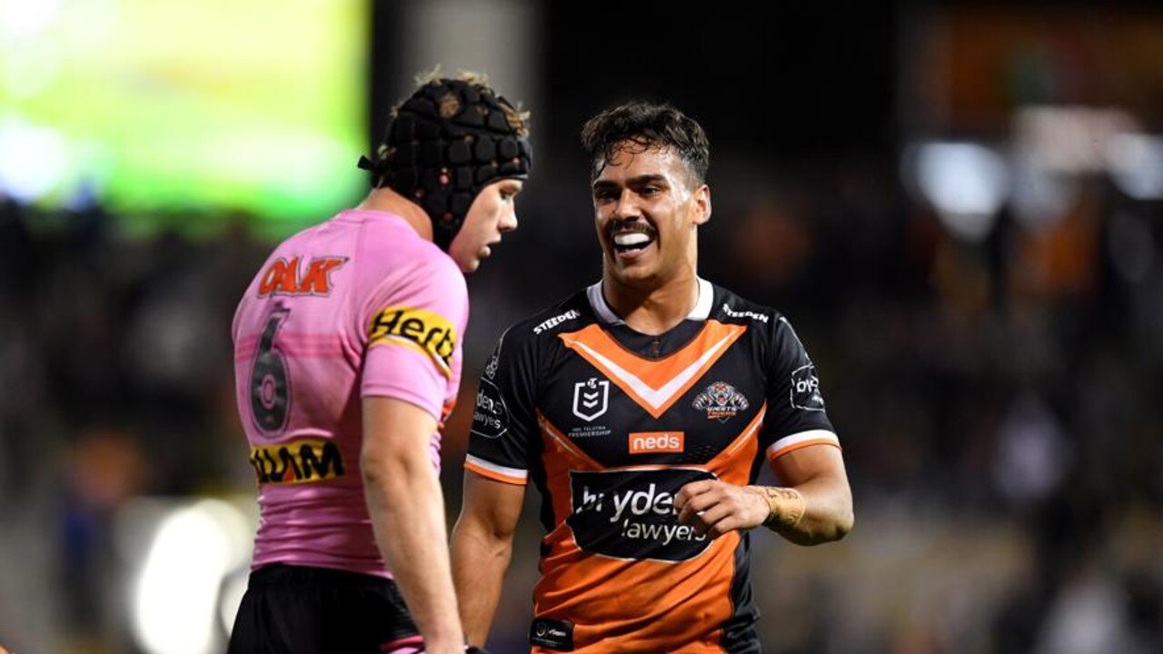 Daine Laurie played arguably his best game as a Tiger, getting the win over his old team. Picture: NRL Photos.