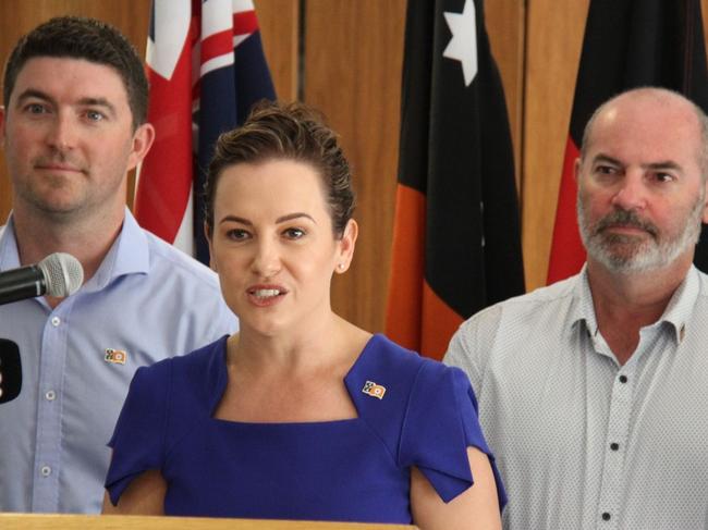 Braitling MLA Josh Burgoyne, Chief Minister Lia Finocchiaro, and Treasurer Bill Yan in Alice Springs, Monday November 4, 2024 and an artist impression of the new Aboriginal and Torres Strait Islander Art Gallery of Australia to be built in Alice Springs.