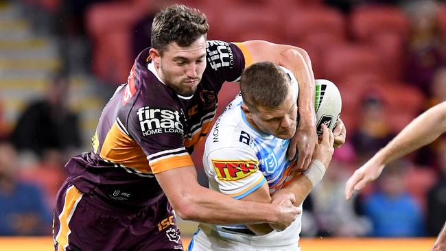 Oates tries to take down the Titans’ Dale Copley in their round seven clash. Picture: Bradley Kanaris/Getty Images