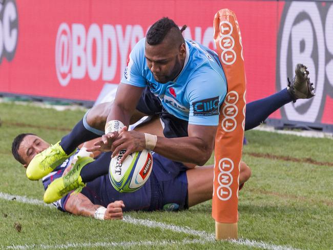 Taqele Naiyaravoro of the Waratahs scores during the Round 5 Super Rugby match between the NSW Waratahs and the Melbourne Rebels at Allianz Stadium in Sydney, Sunday, March 18, 2018. (AAP Image/Craig Golding) NO ARCHIVING, EDITORIAL USE ONLY