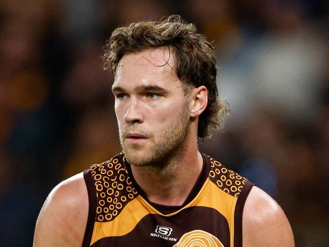 MELBOURNE, AUSTRALIA - MAY 26: Jack Scrimshaw of the Hawks looks on during the 2024 AFL Round 11 match between the Hawthorn Hawks and the Brisbane Lions at Marvel Stadium on May 26, 2024 in Melbourne, Australia. (Photo by Dylan Burns/AFL Photos via Getty Images)