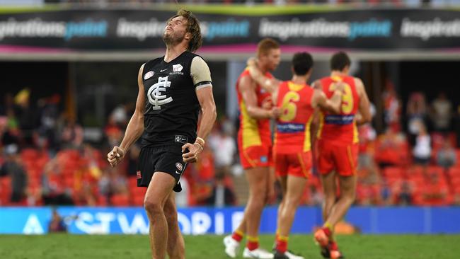 A shattered Dale Thomas comes to terms with Carlton’s loss to Gold Coast last weekend. Picture: AAP Image/Dave Hunt.