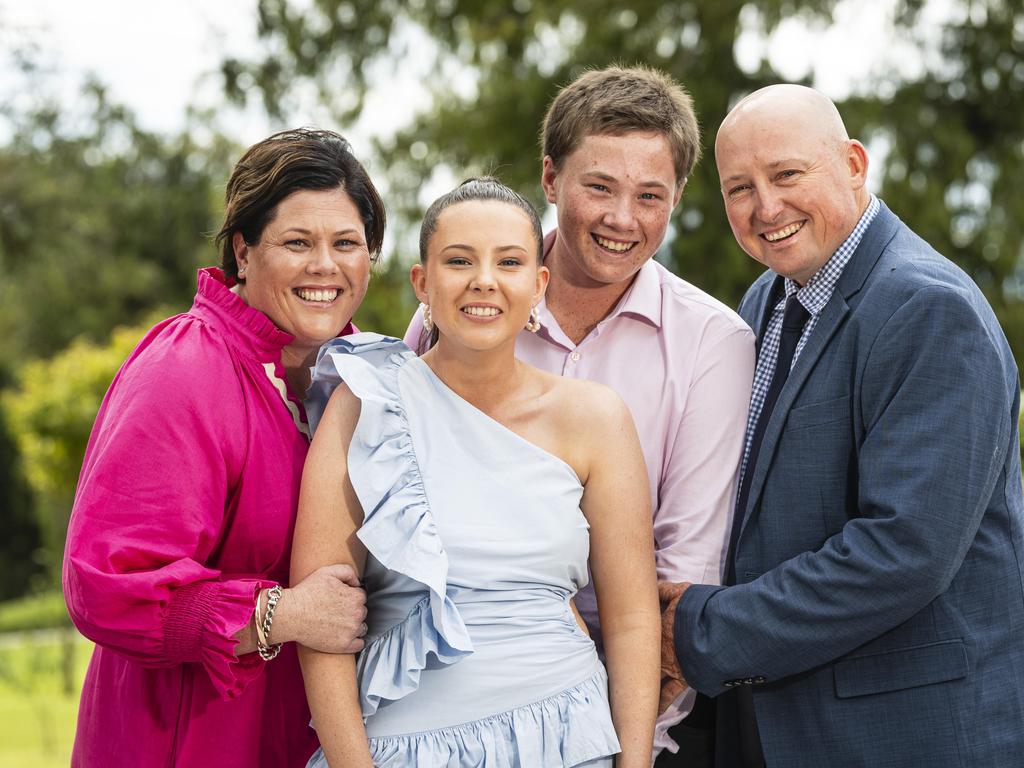 Graduate Rebecca Thomas with parents Helen and Chris and brother Matthew Thomas as Downlands College year 12 students come together for their valedictory mass at the college, Saturday, November 16, 2024. Picture: Kevin Farmer