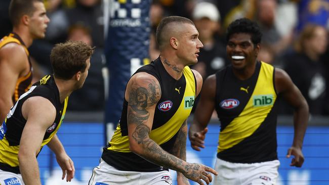 Dustin Martin of the Tigers celebrates kicking a goal. Photo by Daniel Pockett/Getty Images