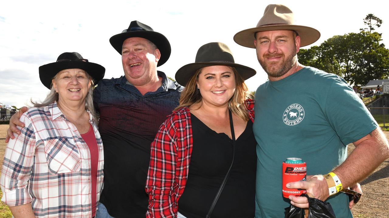 Kate and Lindsay McDermott (left) with Brei and Aron Hyde. Meatstock Festival at the Toowoomba show grounds. April 2022