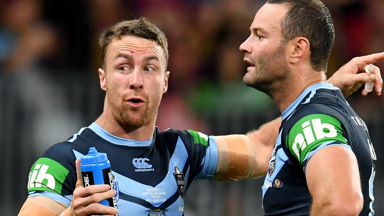 James Maloney (left) and Boyd Cordner of the Blues share some wisdom during Origin II in Perth.