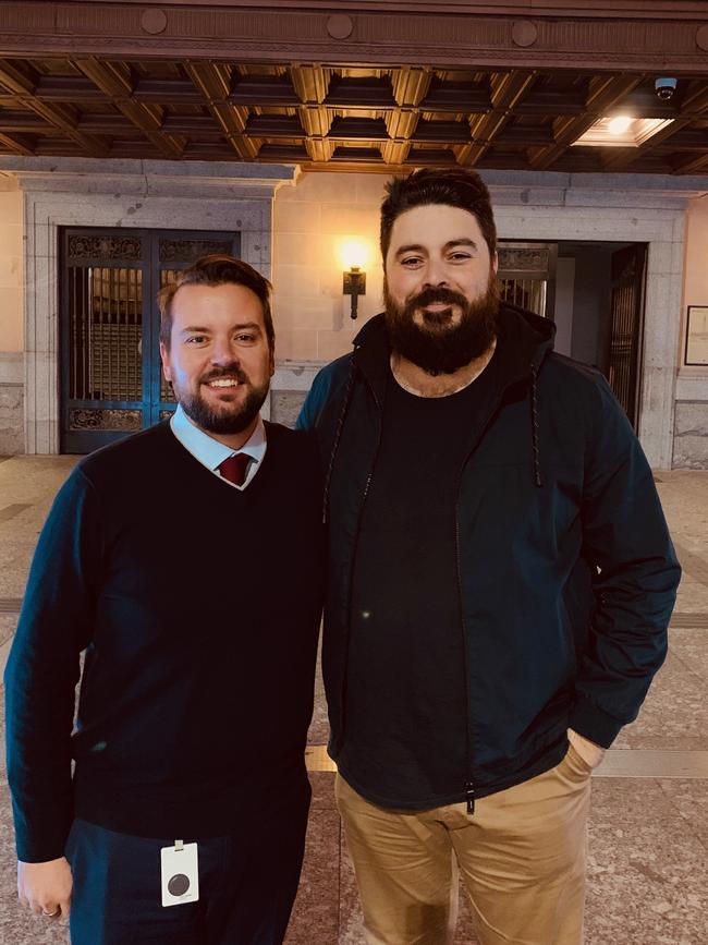 Cr Jared Cassidy (Deagon) and Eddie Synot outside City Hall after the motion to recognise the Uluru Statement from the Heart was supported by Brisbane City Council. Picture: Supplied