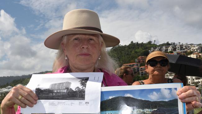 Whitsunday community members including Save Our Foreshore president Suzette Pelt gathered at the Port of Airlie on Tuesday, November 30, 2021 to protest the council's approval of a 12-storey luxury resort complex. Picture: Supplied