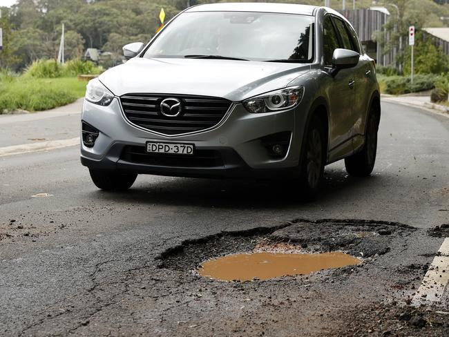 A pothole on McCarrs Creek Rd, Church Point. Picture: Tim Hunter.