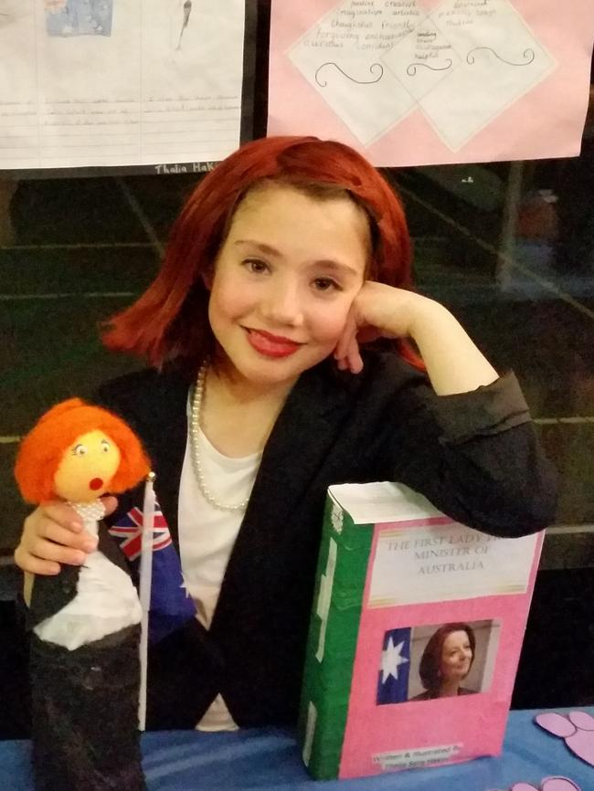 Thalia Hakin proudly dressed up at school to celebrate Australia’s first female prime minister, Julia Gillard. Picture: Supplied