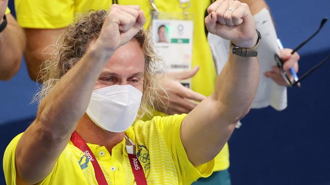 TOKYO, JAPAN - JULY 26: Coach Dean Boxall of Team Australia looks on during the Men's 4 x 100m Freestyle Relay Final on day three of the Tokyo 2020 Olympic Games at Tokyo Aquatics Centre on July 26, 2021 in Tokyo, Japan. (Photo by Davis Ramos/Getty Images)