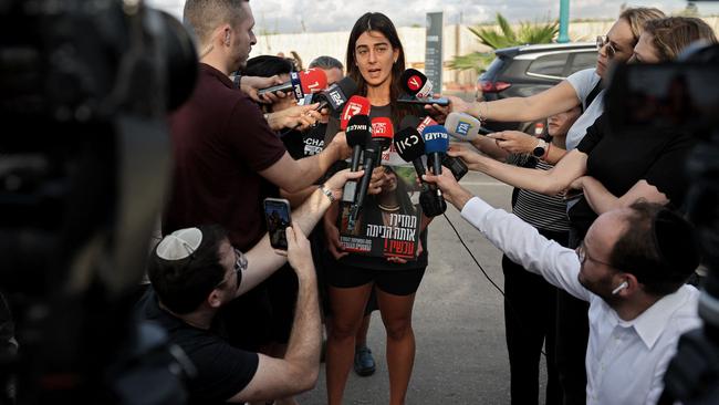 The cousin of Shani Nicole Louk, one of the Israeli hostages snatched by the Palestinian militant group Hamas last week, speaks to journalists after a meeting with Israeli Prime Minister Benjamin Netanyahu. Picture: AFP