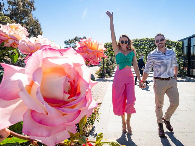 Mike Pentecost, 35 and Katherine Dempster, 33 are among the early arrivals at Flemington Racecourse. Picture: Jason Edwards