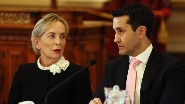 Member for Mudgeeraba Ros Bates and Queensland opposition leader David Crisafulli during the State Parliament Estimates in Brisbane. Picture: NCA NewsWire/Tertius Pickard