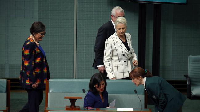 Independents Cathy McGowan, Rebekha Sharkie, Kerryn Phelps and Andrew Wilkie spoke with with Julia Banks after she resigned as a Liberal backbencher. Picture: Gary Ramage