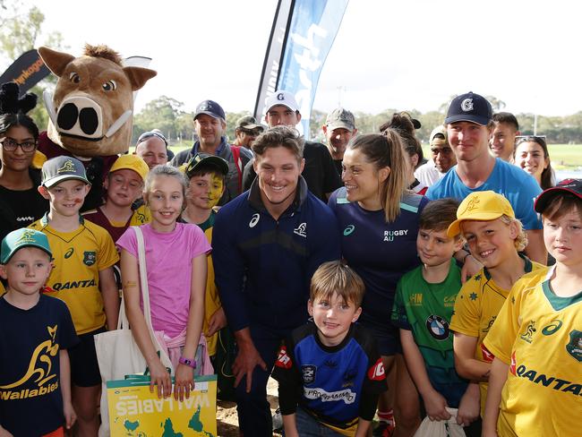 Wallabies captain Michael Hooper and Grace Hamilton of the Wallaroos at the UWA Sports Ground in Perth. Picture: Getty Images