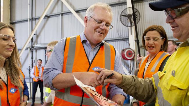 Prime Minister Scott Morrison helps the LNP campaign on the Gold Coast. Picture: Sarah Marshall