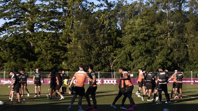 Wests Tigers training at their Brisbane base after the NRL competition was moved entirely into Queensland. Picture: Albert Perez/Getty Images