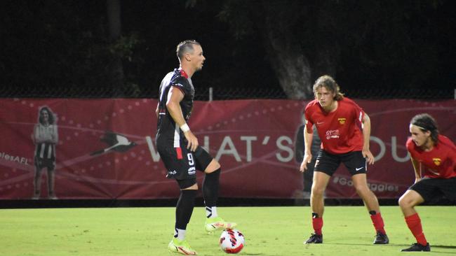 Michael Lyall finds space in Magpies Crusaders v Sunshine Coast Fire in the FQPL1 at Sologinkin Oval. Saturday, March 19, 2022. Picture: Tara Miko