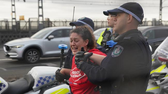 Karen Fitz-Gibbon arrested on the Harbour Bridge. Picture: Michelle Haywood.