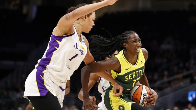 Magbegor and Cambage in action. (Photo by Steph Chambers/Getty Images)