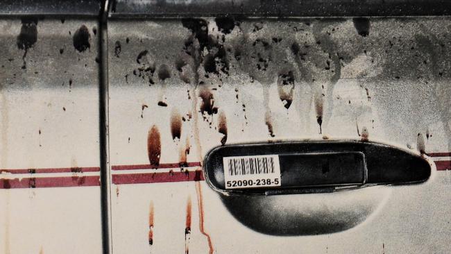 Close up evidence photo of Roman Heinze’s 4WD at the scene with blood splatter. Picture: Greg Higgs