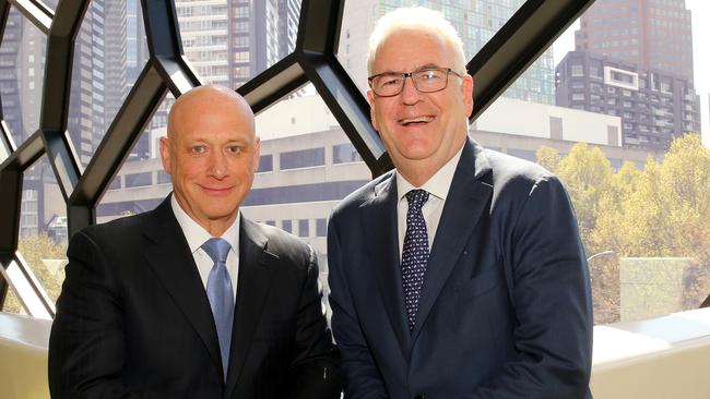 Outgoing AGL CEO Andy Vesey and chairman Graeme Hunt at last year’s AGM in Melbourne. Stuart McEvoy/The Australian.