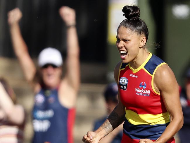 AFLW - Adelaide Crows v St Kilda at Richmond Oval. Stevie-Lee Thompson celebrates her goal Picture SARAH REED